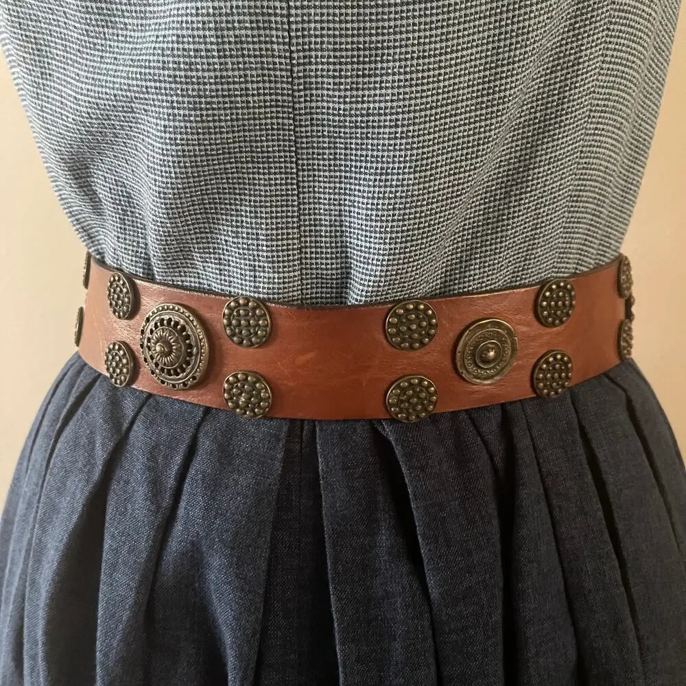 Dolce & Gabbana Archival Leather Belt Vintage Brass Studded Medallion Boho 70 28